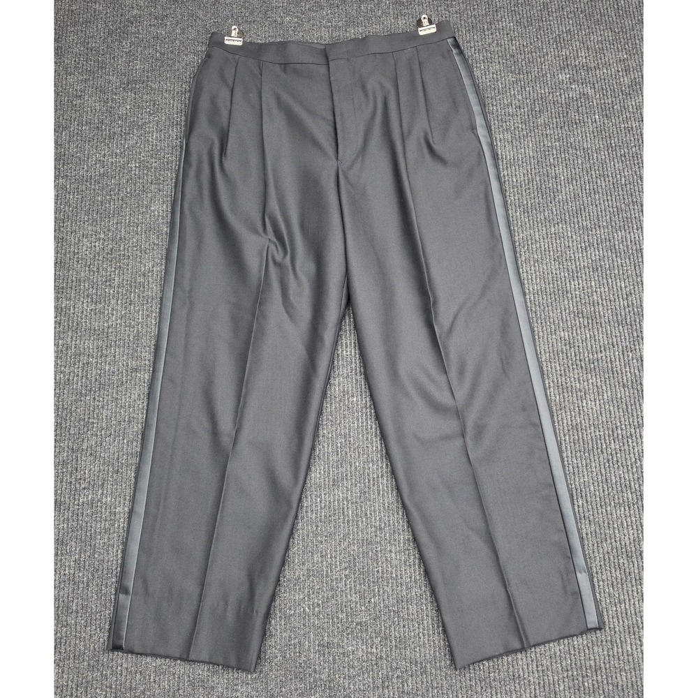 Woolmark Mens 100% Pure New Wool Tuxedo Pants Black Pleated Satin Stripe 36R